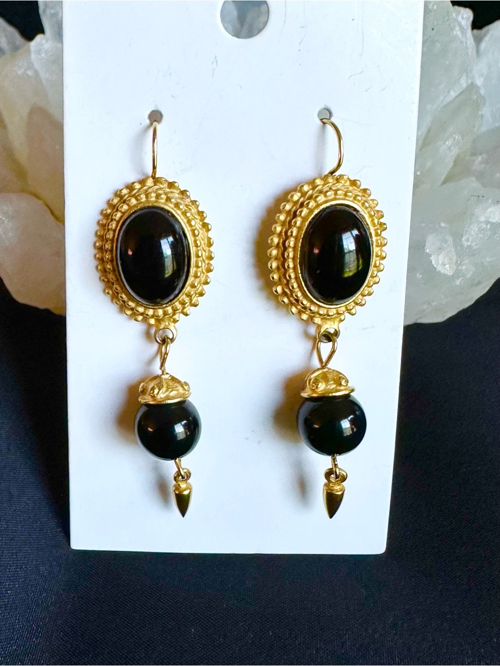 Goldtone & black acrylic bead EUC earrings. Etruscan style w/ movement